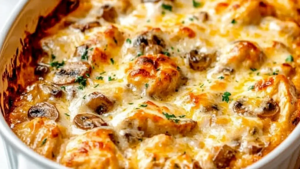 a casserole dish with mushrooms and cheese in it