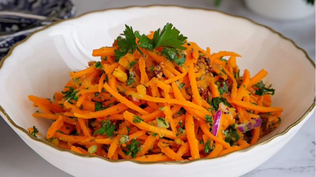 carrot salad with honey mustard dressing in a white bowl