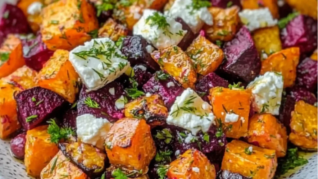 a white plate topped with carrots, lentils and feta cheese next to a spoon