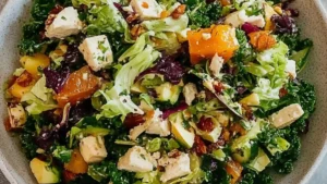 an image of a salad being poured into a glass bowl with the words autumn chopped salad on it