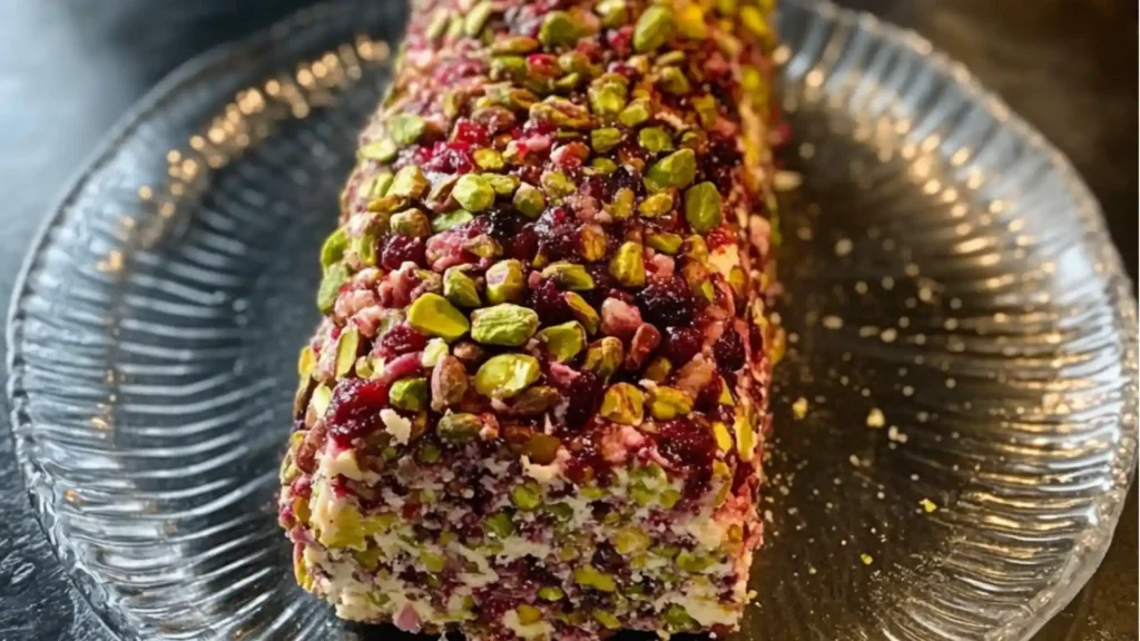 cranberry pistachio cheese log with crackers on the side and text overlay