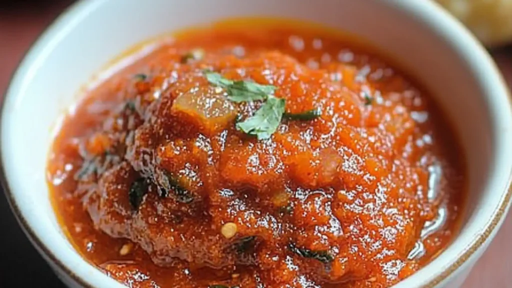a spoon full of tomato sauce on top of a white plate with the words quick and easy tomato chutney