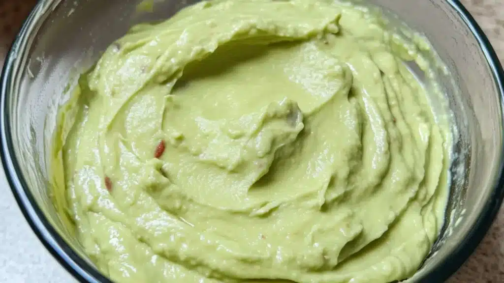 avocado dip in a bowl with the words creamy avocado dip above it