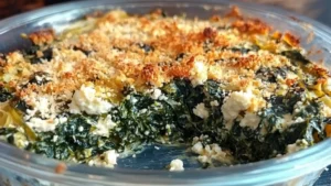 spinach and cheese casserole in a white dish with silverware on the side