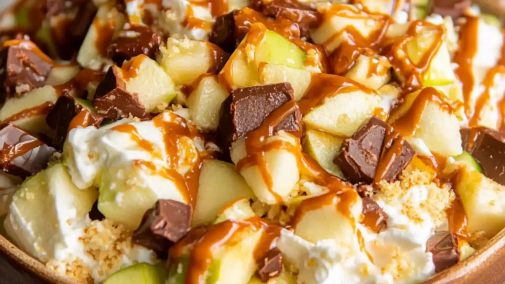 the best snickkers apple salad with apples in the background