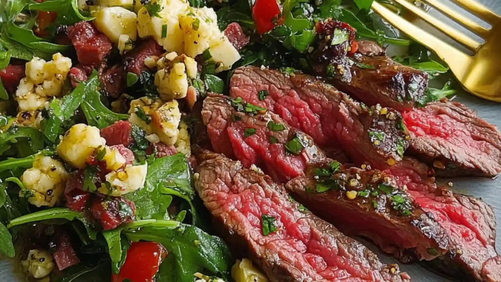 a plate filled with steak and salad on top of a marble countertop next to a fork