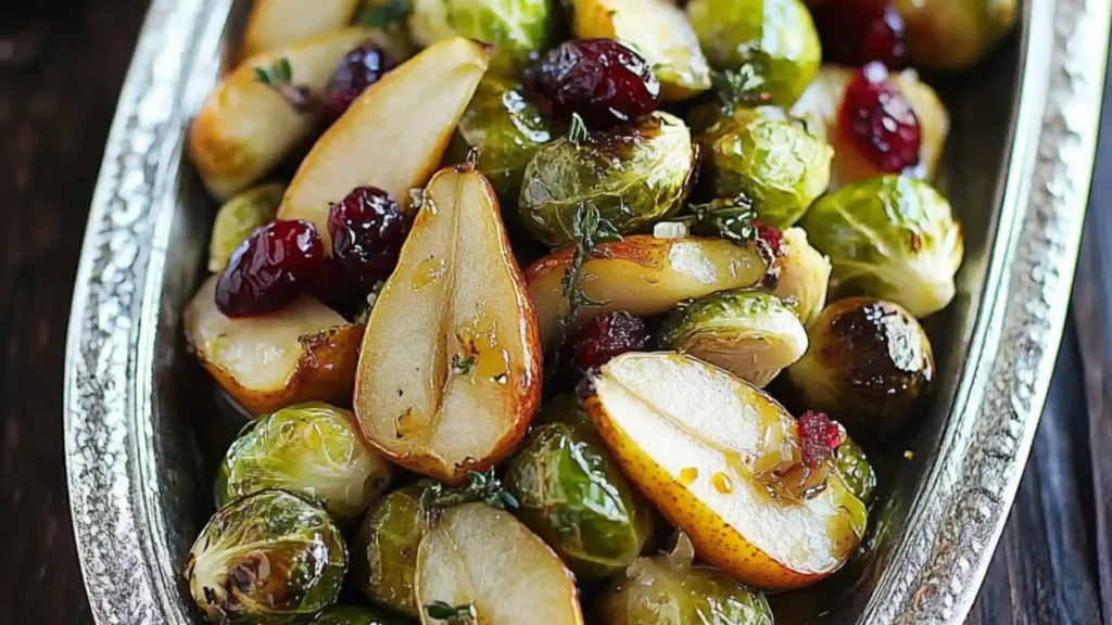 roasted brussel sprouts with Pear and Cranberry in a bowl