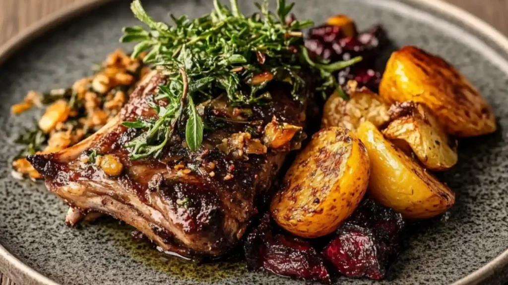 a close up of food on a plate with lemons