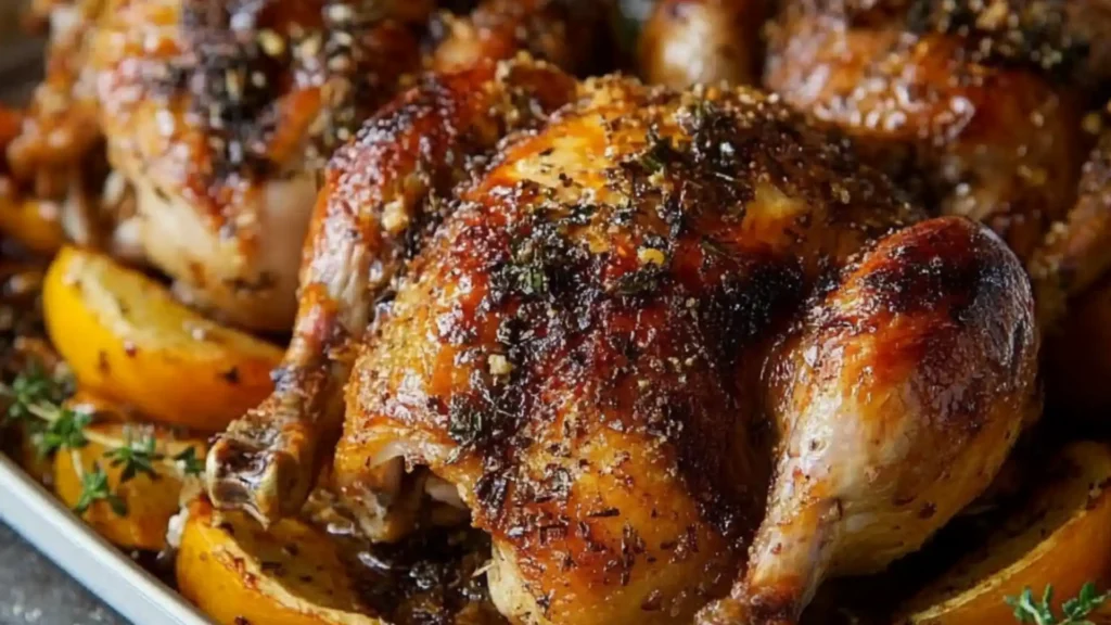 there are roasted chicken on the plate, and one has herbs in it