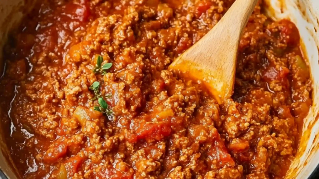 the best bolognesiane recipe in a blue bowl with a spoon full of it