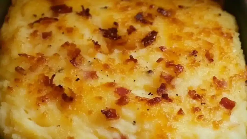 a casserole dish with cheese and bacon in it on a table next to two plates