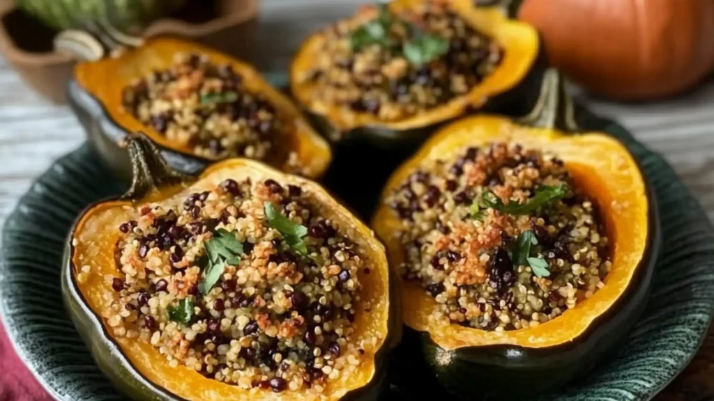 stuffed acorn squash in a cast iron skillet with the title, quinoa stuffed acorn squash from the vegetarian family cookbook