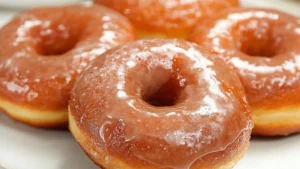 a glazed donut over a plate with other doughnuts on it
