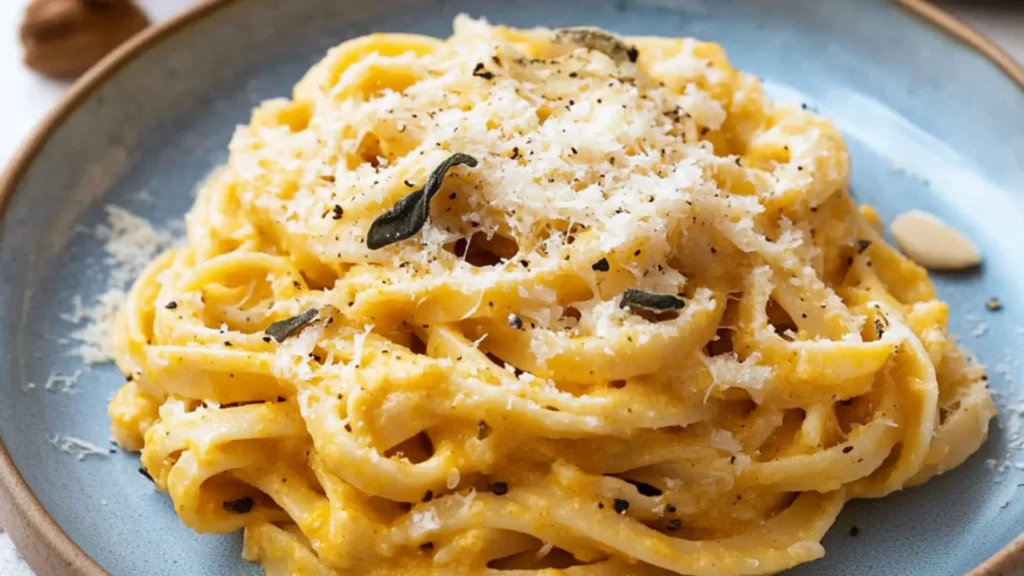 Creamy Parmesan Pumpkin Pasta served in a bowl. This quick and easy pasta dish is perfect for fall evenings.