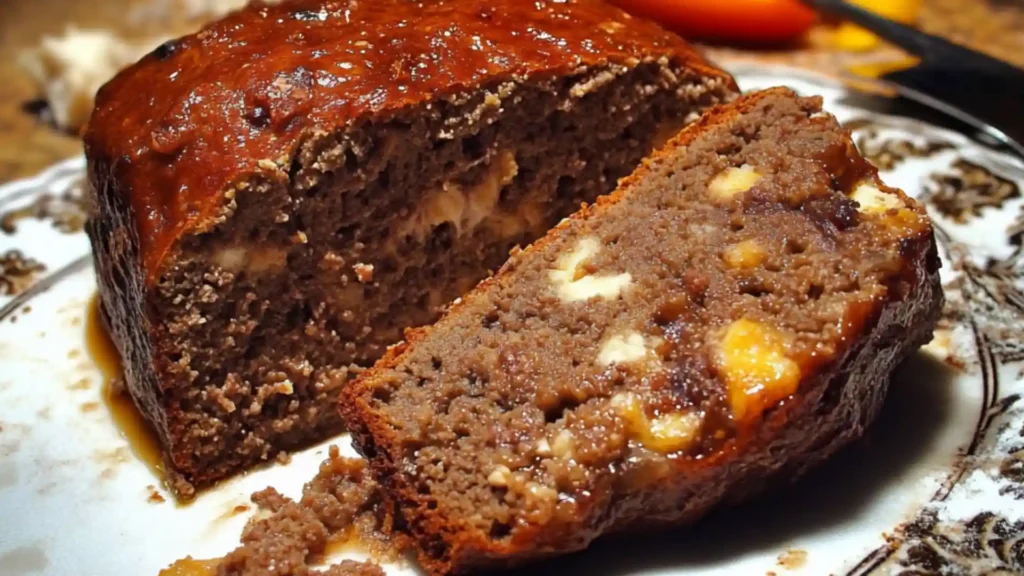 meatloaf covered in bbq sauce on a plate with an american flag background