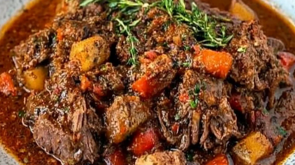 some meat and vegetables are in a white bowl