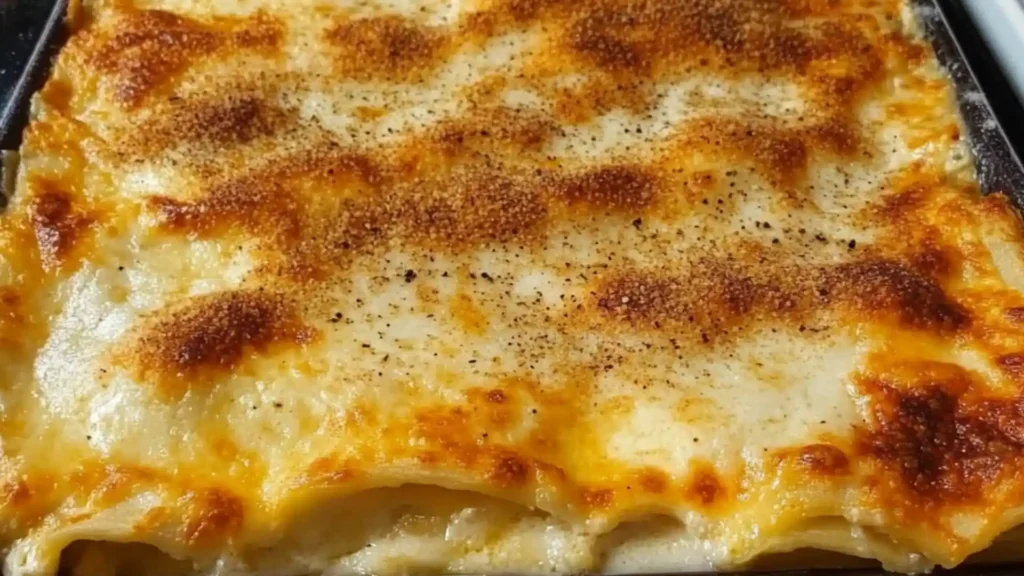 chicken alfredo lasagna in a white casserole dish with a serving spoon