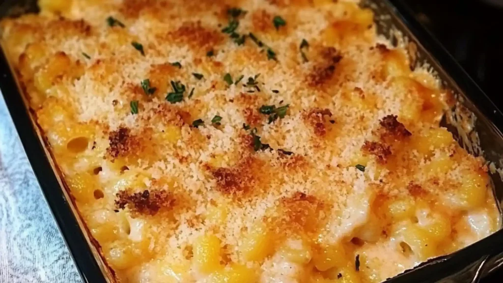 pictures of cauliflower mac and cheese in a white casserole dish