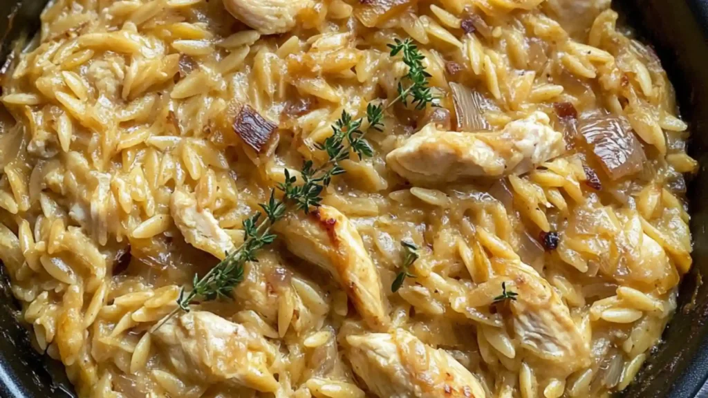 french onion chicken orzo casserole in a white dish
