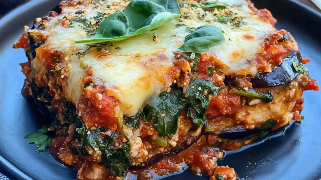 the best eggplant parmesan ever with cheese and spinach on top