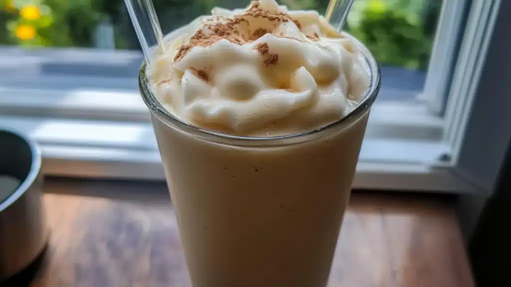 an apple pie smoothie is garnished with cinnamon