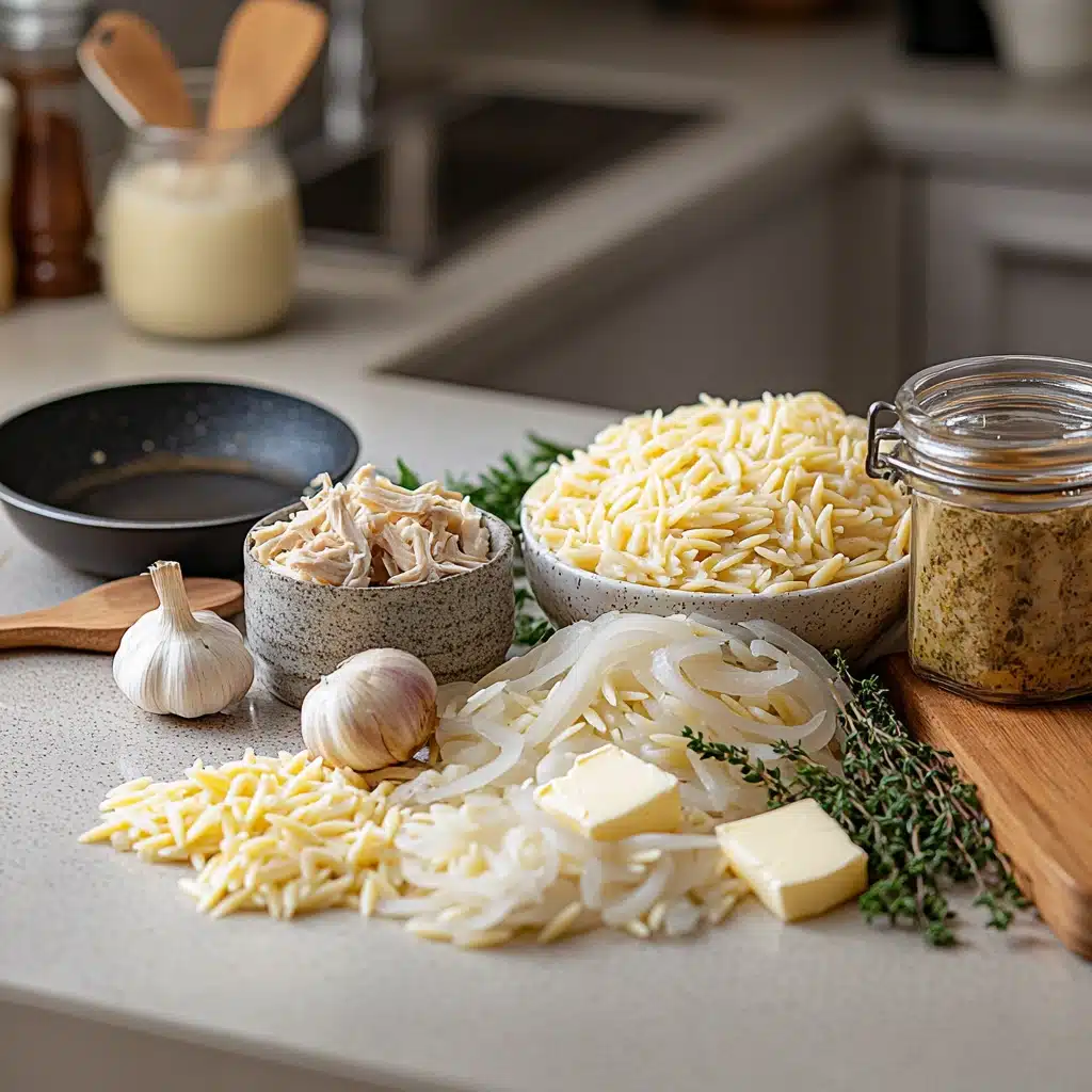 French Onion Chicken Orzo Casserole