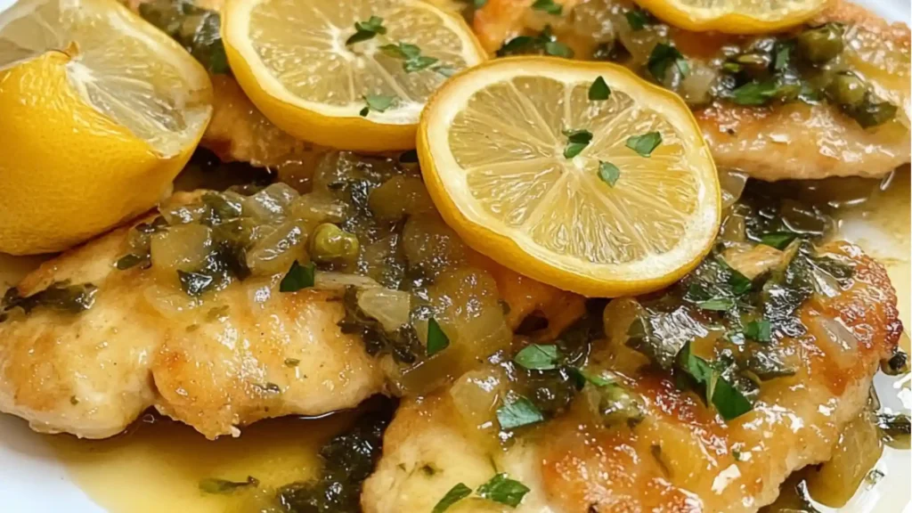 creamy chicken piccata with lemons and capers in a skillet on the stove