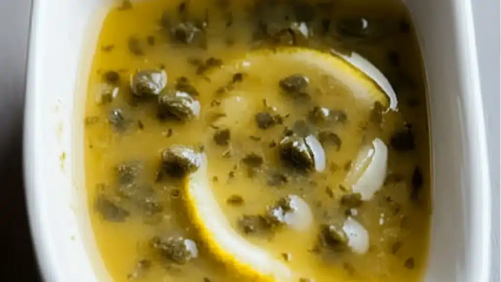 a pan filled with lemon caper sauce on top of a table