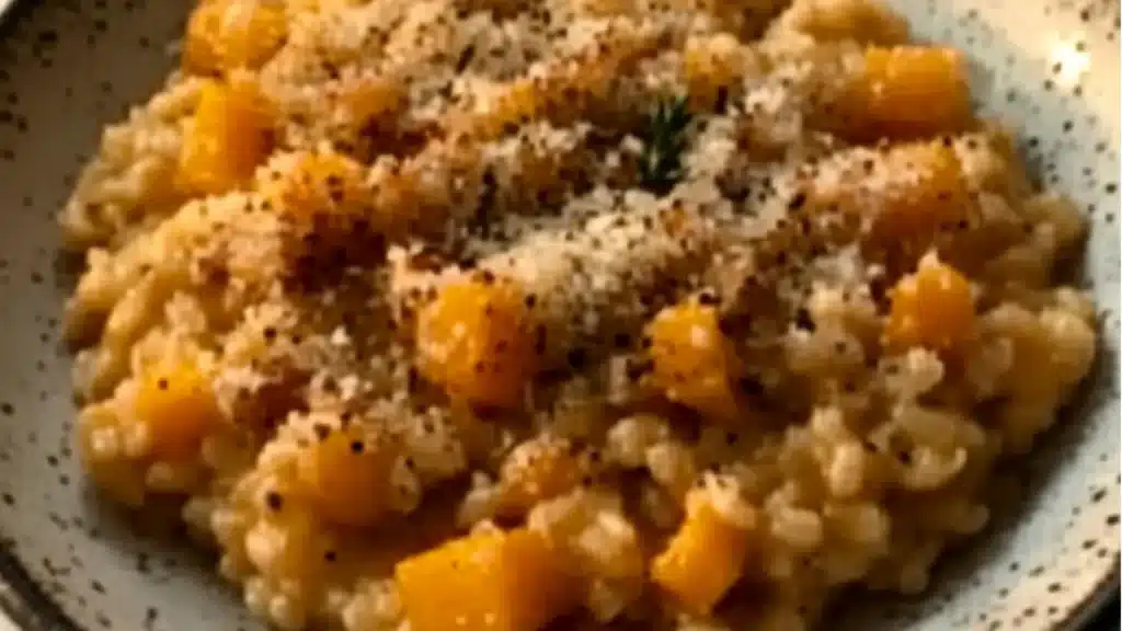 plates with different types of food on them and the words butternut squash risotto