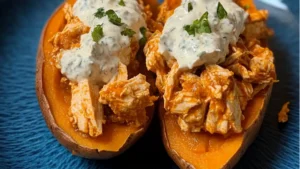 loaded sweet potatoes on a plate with celery