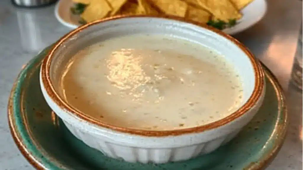 the best ever mexican white cheese dip with tortilla chips in the background and text overlay that reads, the best ever mexican white cheese dip