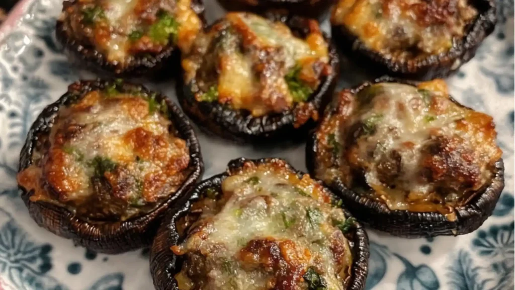 stuffed mushrooms on a white plate with lettuce