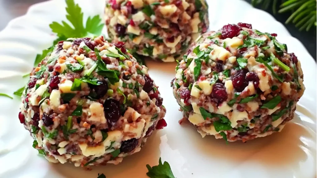 cranberry goat cheese truffles with nuts and herbs in the middle are stacked on top of each other