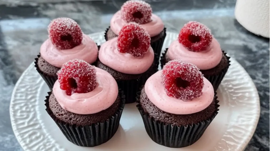 raspberry cupcakes with chocolate frosting and fresh raspberries on top