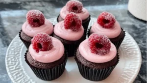 raspberry cupcakes with chocolate frosting and fresh raspberries on top