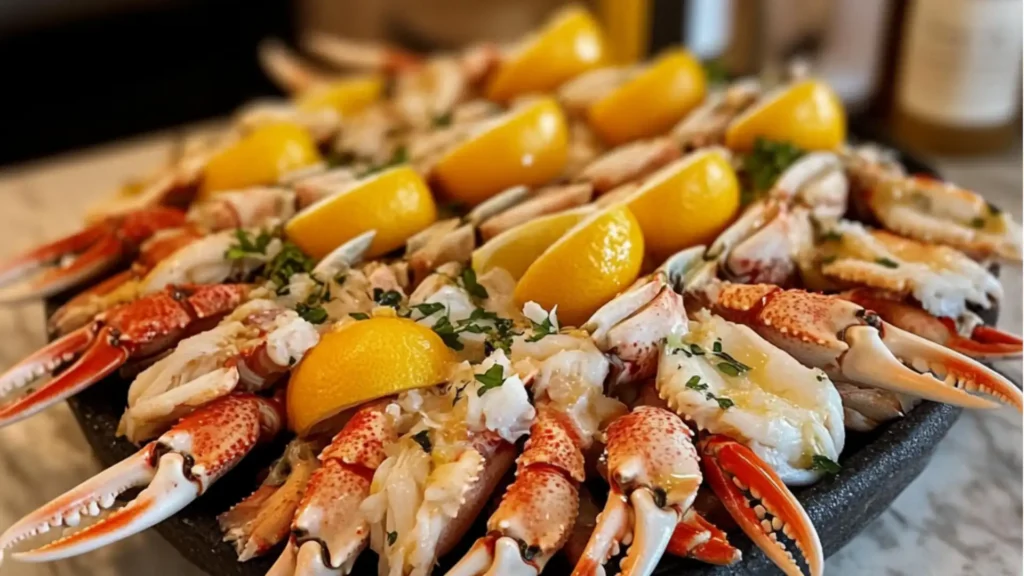 a white plate topped with crab meat and lemon wedges on top of a table
