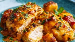 picture of chicken with sauce and herbs