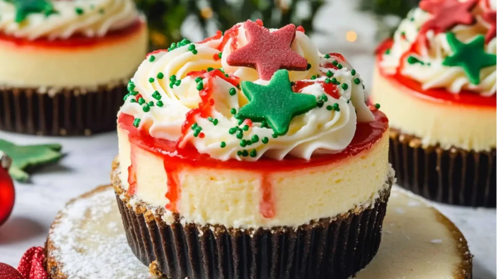 mini christmas cheesecakes with white frosting and sprinkles on top