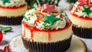 mini christmas cheesecakes with white frosting and sprinkles on top