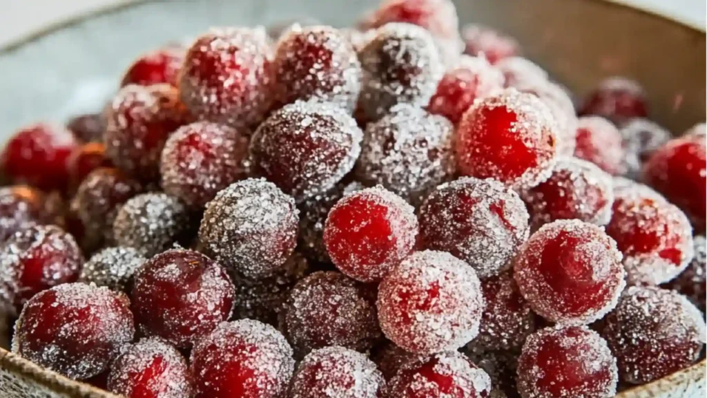 cranberry candies on a cutting board with text overlay
