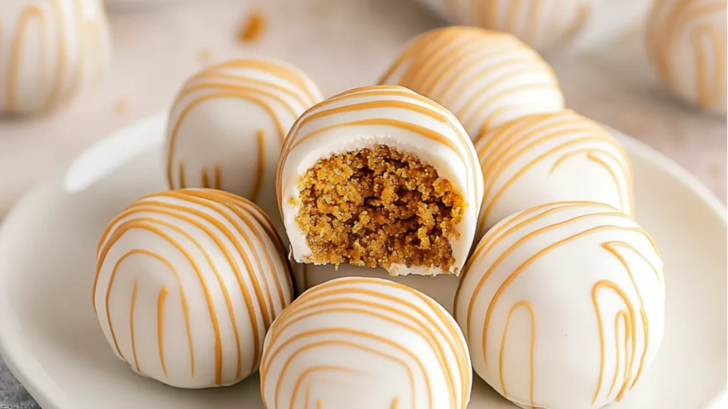 a close up of some tasty looking desserts with text overlay that says biscoff truffles