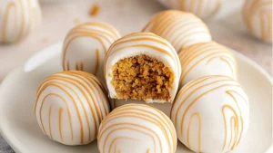 a close up of some tasty looking desserts with text overlay that says biscoff truffles