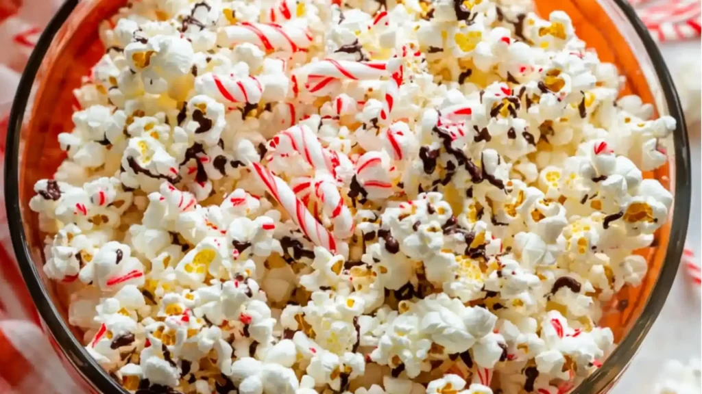 peppermint bark popcorn in a white bowl with chocolate sprinkles on top
