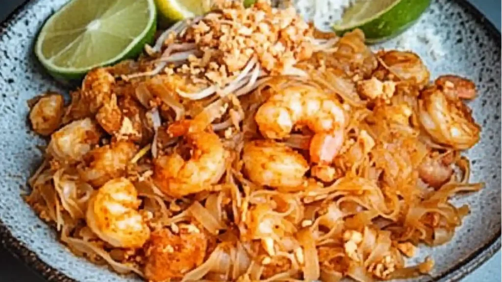 a white plate topped with pad thai noodles next to chopsticks and lemon wedges