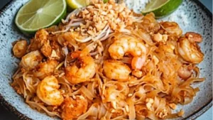 a white plate topped with pad thai noodles next to chopsticks and lemon wedges