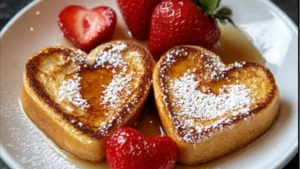 heart shaped french toast with strawberries and whipped cream on a white plate in the shape of hearts