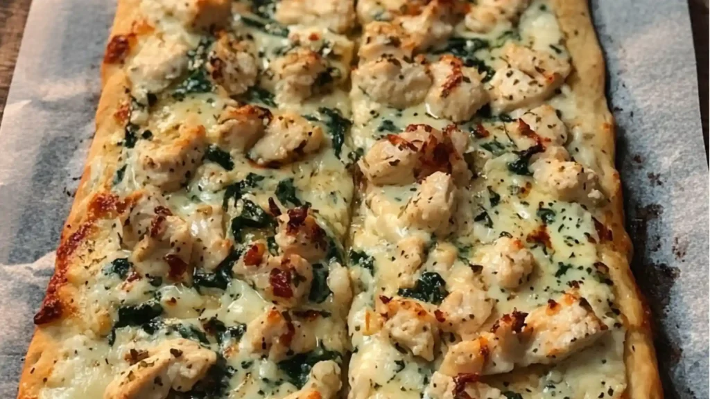 chicken alfredo flatbread with cream cheese and spinach on top