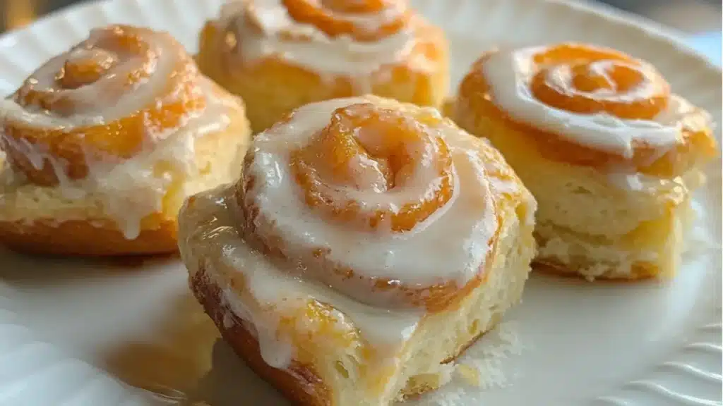 an orange roll with icing on top next to sliced oranges