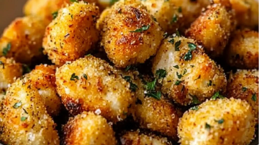 chicken bites with lemons and parsley on top are being held by a fork