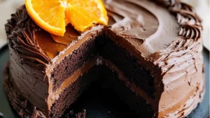 chocolate - orange delight cake with an orange slice on top and the words, chocolate - orange delight above it